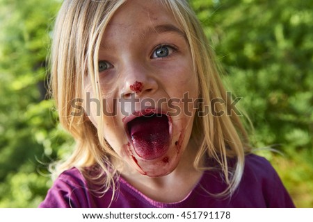 Girl showing tongue tinged by blueberries. Cute blond little girl picking fresh berries on blueberry field in forest. Child pick blue berry in the woods. Summer family fun.