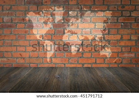 Red Brick wall texture surface natural color use for background with Wood terrace and world map