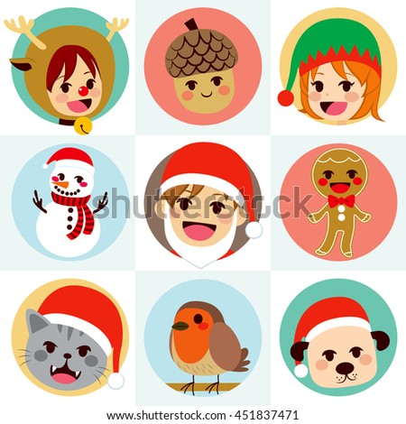 Flat color style illustration of different Christmas round avatar characters