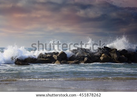 Stormy ocean waves, beautiful seascape, big powerful tide in action, storm weather in a deep blue sea, forces of nature, natural disaster.ocean wave in the Pacific ocean