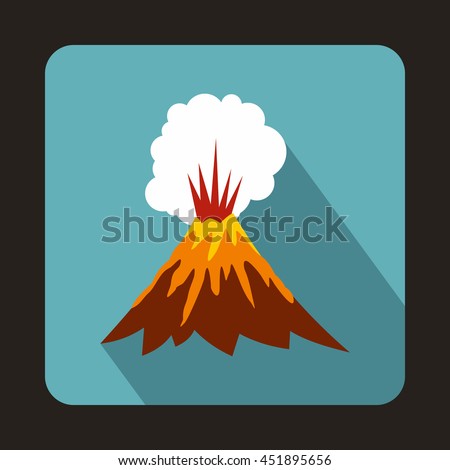 Volcano erupting icon in flat style on a baby blue background