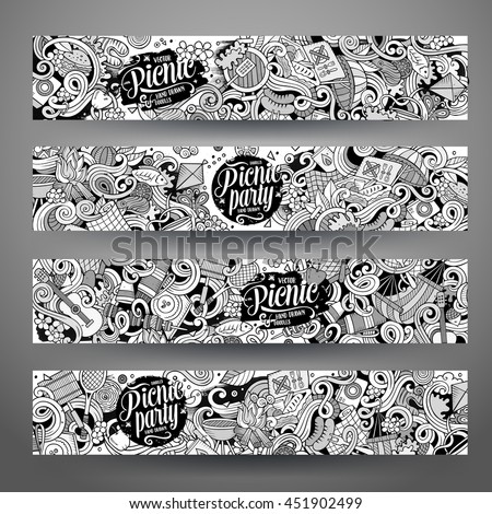 Cartoon cute line art vector hand drawn doodles picnic corporate identity. 4 horizontal banners sketchy design set