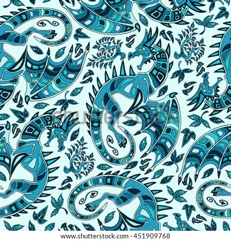 Seamless pattern background with hand-drawn blue dragons and leaves in ethnic style. Mosaic ornament. Vector illustration.