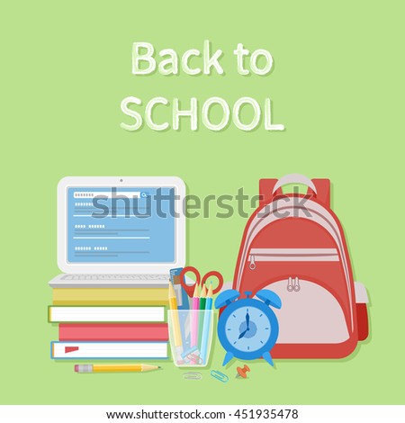 Back to school text. Open laptop with search form, textbooks, alarm clock, schoolbag, stationery, pencils, scissors, paper clips. Flat Style Education Concept. Vector illustration.