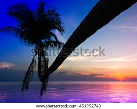 Isolated palm tree over water in peaceful, colorful sunset landscape on the beach in the island of Koh Phangan, Thailand. Summer vacation, paradise destination concept