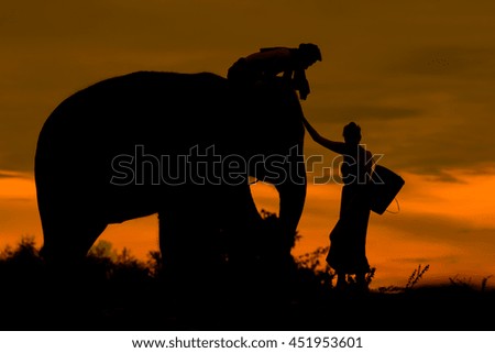 Sweetheart with elephant at sunset, Silhouette picture .