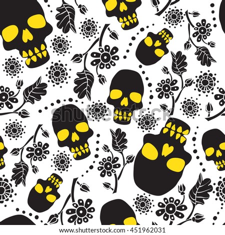 Black seamless pattern with flowers and skulls. White background. Stock vector illustration.