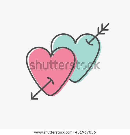 Two hearts with arrow. Pink and blue color. Isolated. White background. Flat design. Vector illustration