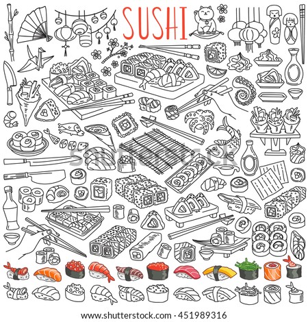 Sushi and rolls set. Japanese traditional cuisine dishes - nigiri, temaki, tamago, sashimi, uramaki, futomaki. Freehand vector drawing isolated on white background for asian restaurant menu. Royalty-Free Stock Photo #451989316