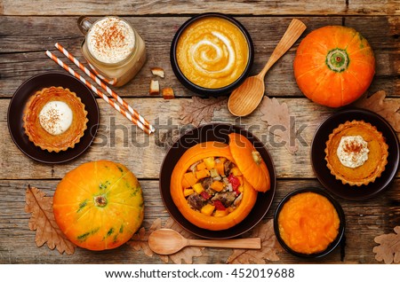 List of pumpkin dishes. Pumpkin Latte; Pumpkin stuffed with meat and vegetables; pumpkin tartlet; pumpkin soup; pumpkin puree. toning. selective focus