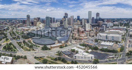 Aerial panorama of Denver, Colorado skyline as viewed from west looking east.