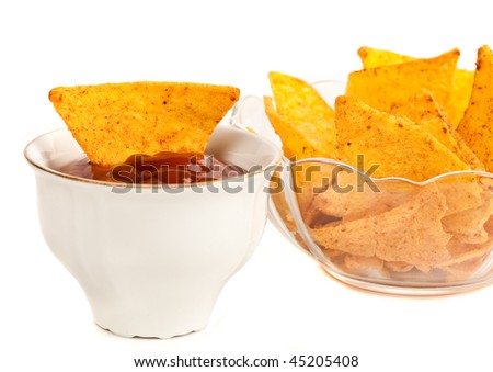 Studio close up of nachos (mexican chips) isolated on white background
