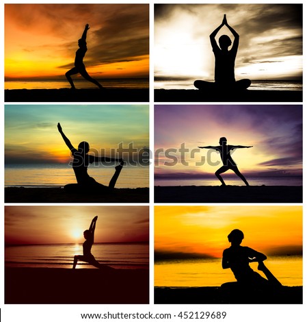 collage picture of women playing yoga