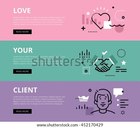 Flat line web banners of manage a business. Line heart symbol, hand shake and client for websites and marketing materials with call to action buttons, ready to use