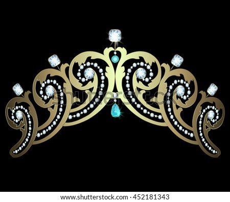 Gold diadem decorated with diamonds and aquamarines