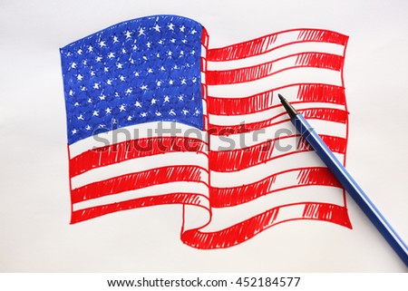Child's drawing of American flag, close up