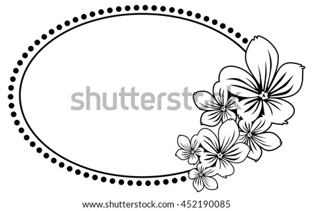 Black and white oval frame with abstract flowers silhouettes. Vector clip art.