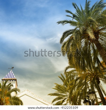 
palm trees and the tower of the old Spanish city on the sky background in vintage style
