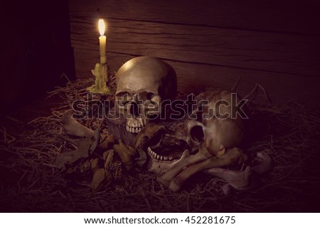 Human Skull and Bones in a pile of weathered wood, candlelight, vintage tone. still life style.