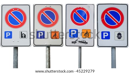 Four no parking signs isolated