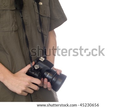 young photographer on white isolated background