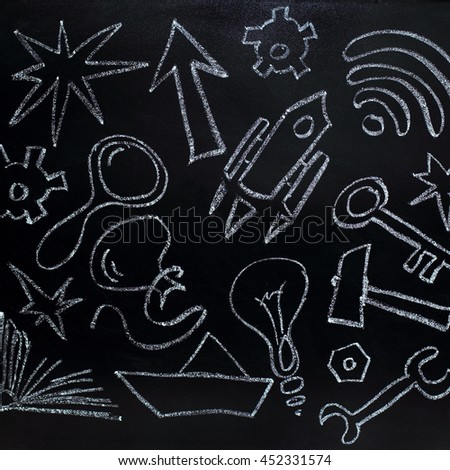 images of various subjects chalk on black chalkboard / ideas for business start