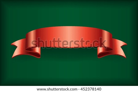 Red ribbon. Satin bow blank banner. Design label scroll blank element, isolated on green background.  Empty template for greeting, placard or advertising. Symbol for decoration. Vector illustration.