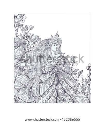 Cute dreaming queen, princess with flowers, leaves, long hair ... Adult coloring book page, black and white pattern. Hand drawn vector illustration, separated elements under mask.