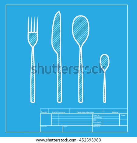 Fork spoon and knife sign. White section of icon on blueprint template.