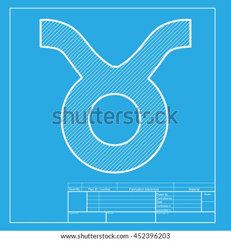 Taurus sign illustration. White section of icon on blueprint template.