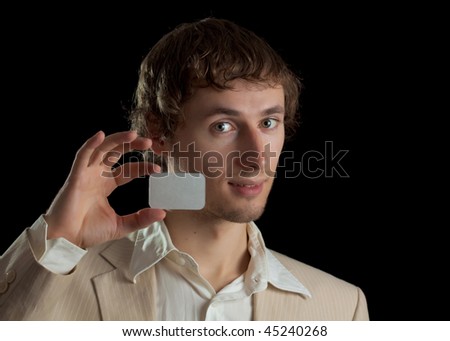 Man holding blank card for adverise isolated