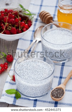 Yogurt with chia seeds, honey and fresh berries for healthy breakfast