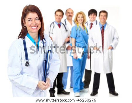 Smiling medical doctors with stethoscopes. Isolated over white background