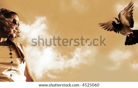 Girl watching a flying pigeon - sepia tone