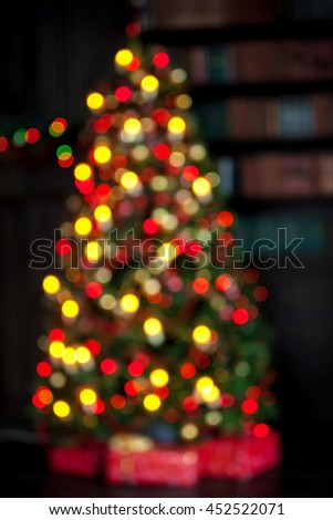 Christmas and New Year decorated interior room, defocused New year tree