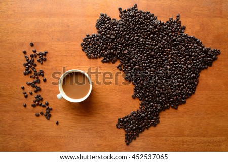a cup of coffee ;Map of Brazil roasted beans pattern background for cafe, coffee shop,lover
