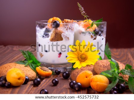 Vanilla ice cream with berries and mint in glasses