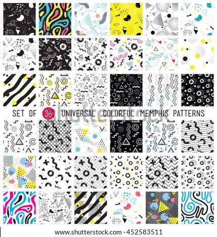Geometric memphis seamless isolated patterns in set for fashion and wallpaper. Universal colorful decorative fun background Royalty-Free Stock Photo #452583511