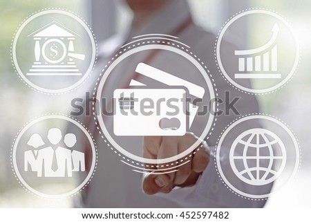 Businessman presses credit card icon on touch screen. Businesswoman pressing payment card button on virtual screens. Business, finance, technology and internet concept. Card, bank, team, earth, chart.