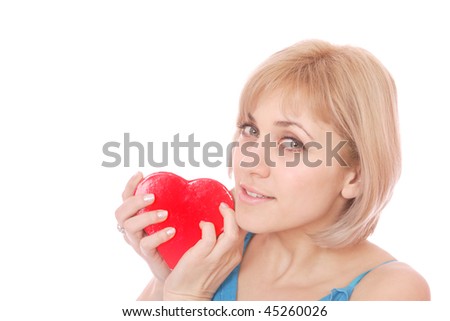 Woman holding Valentines Day heart over white background