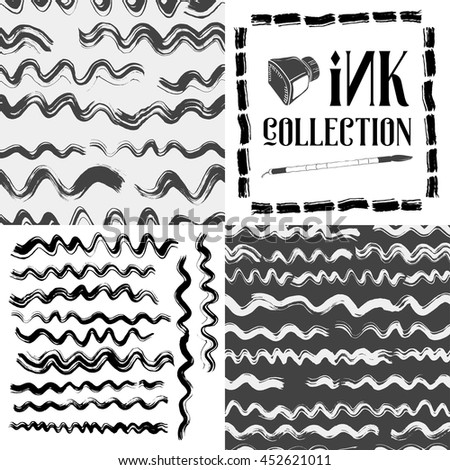 The collection of ink wavy lines and two vector seamless patterns for a background or a texture as the sea waves
