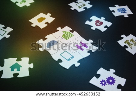 Jigsaw puzzle pieces, internet of things icons are printed, smart city, conceptual abstract image