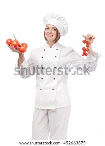 smiling female chef or cook holding tomatoes isolated on white background. vegetarian, dieting and cooking food concept