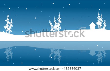 Christmas winter scenery of silhouette and reflection vector
