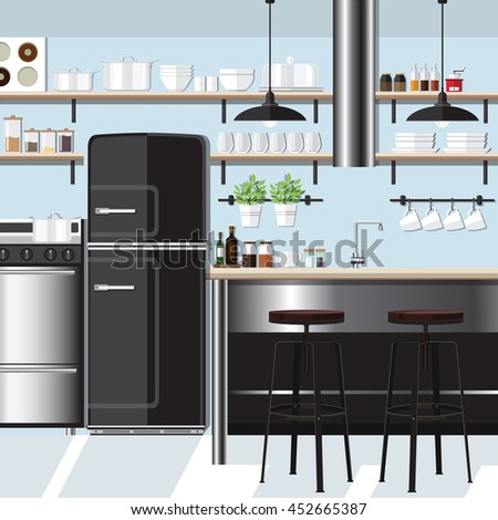flat kitchen interior with bar counter