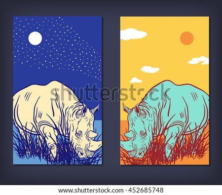 A set of vector banners with rhinoceros. Nature background. Hand drawn detailed illustration. High quality anatomic and realistic image. Colored picture. 240x400 size.