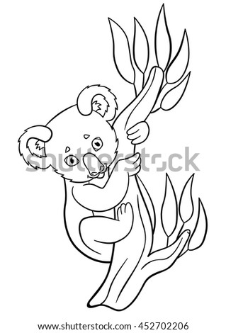 Coloring pages. Little cute baby koala sits on the tree branch and smiles.