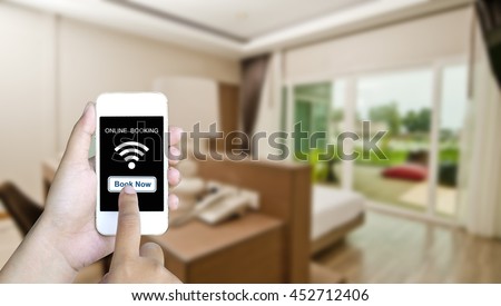 Online booking over blur hotel background, room, hotel