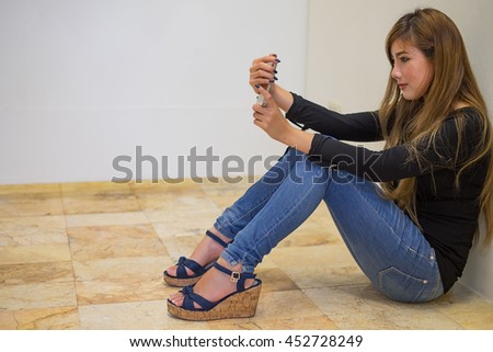 Selfie indoor portrait of pretty student girl 