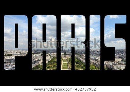 Paris, France - city name sign with photo in background. Isolated on black.